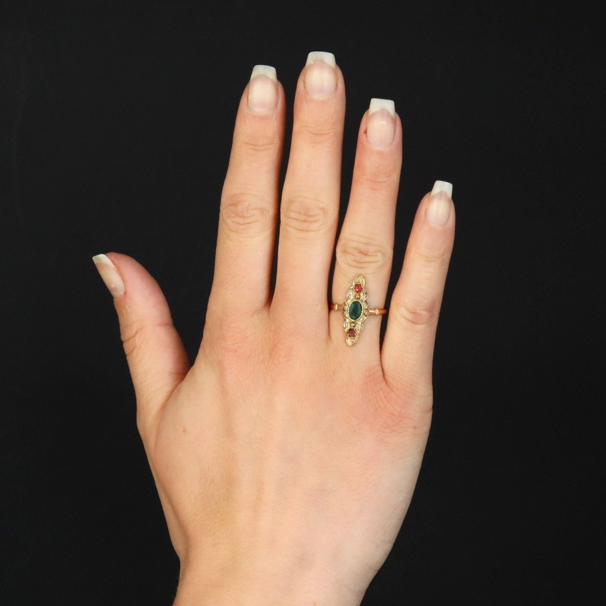 Bague Marquise en or rose et verres colorés - Castafiore