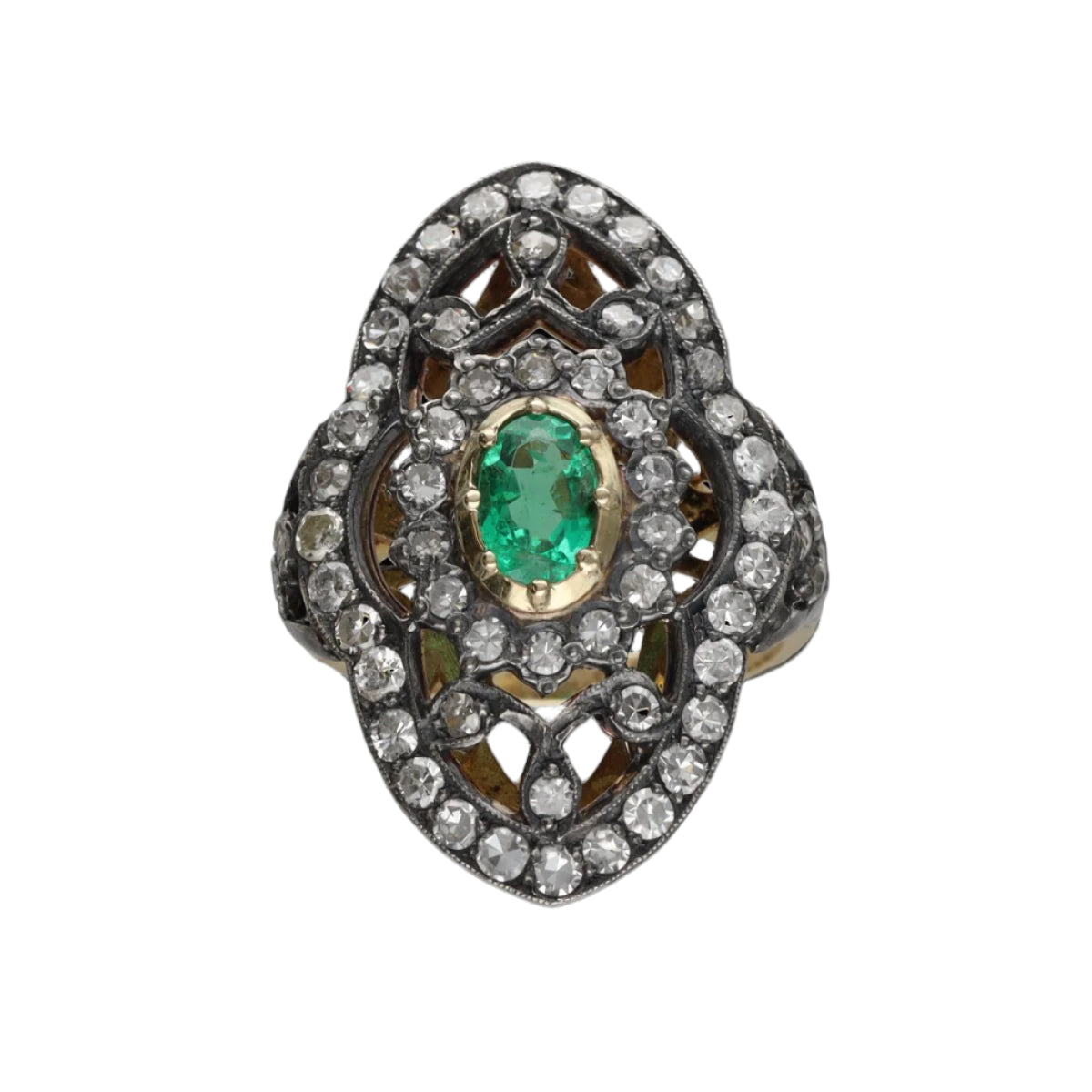 Bague marquise vers 1890 en or jaune 18 Cts et argent avec diamants taille ancienne et Emeraude. Taille 53 - Castafiore