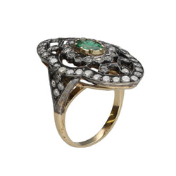 Bague marquise vers 1890 en or jaune 18 Cts et argent avec diamants taille ancienne et Emeraude. Taille 53 - Castafiore