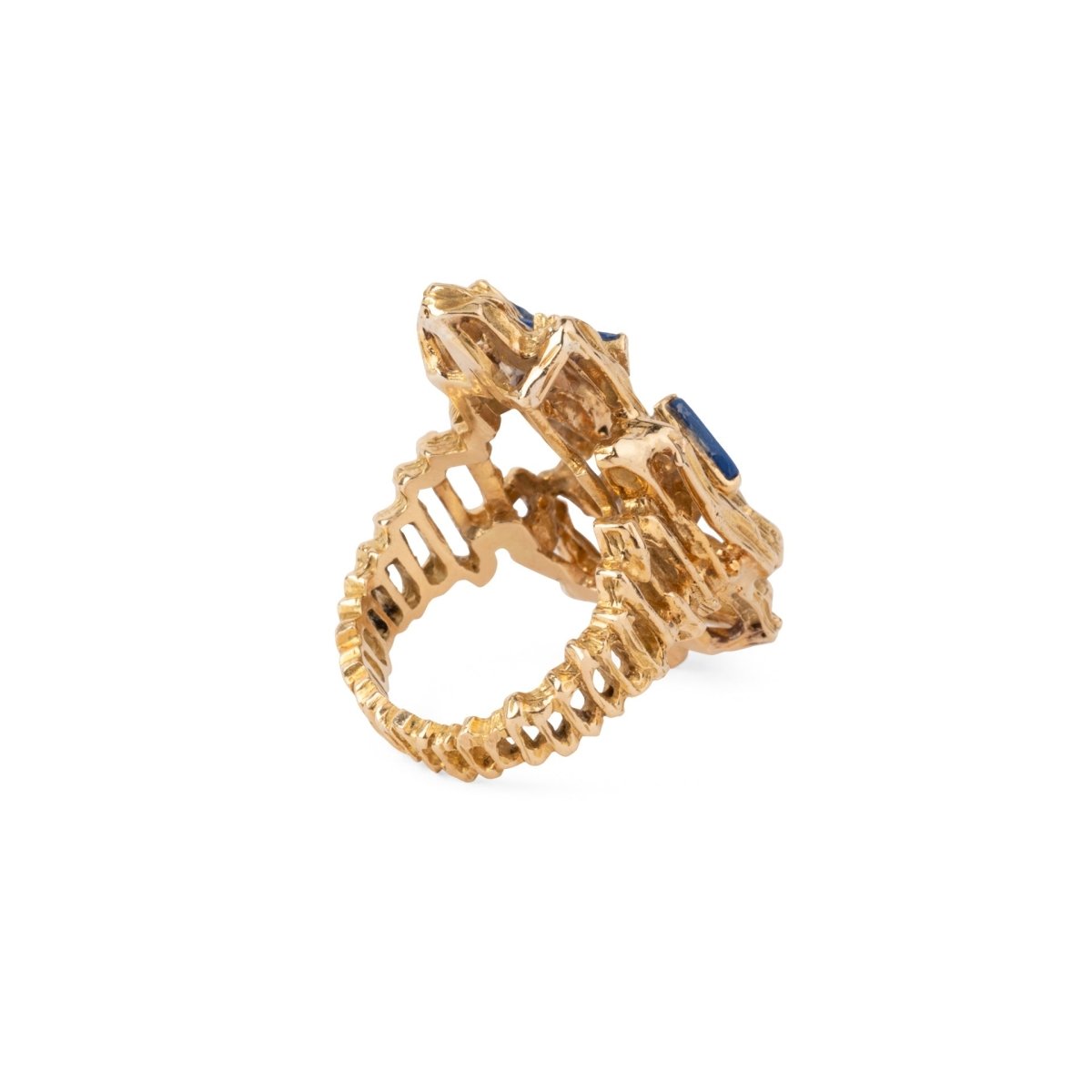Bague moderniste en or texturé et ajouré,ornée de lapis lazuli - Castafiore