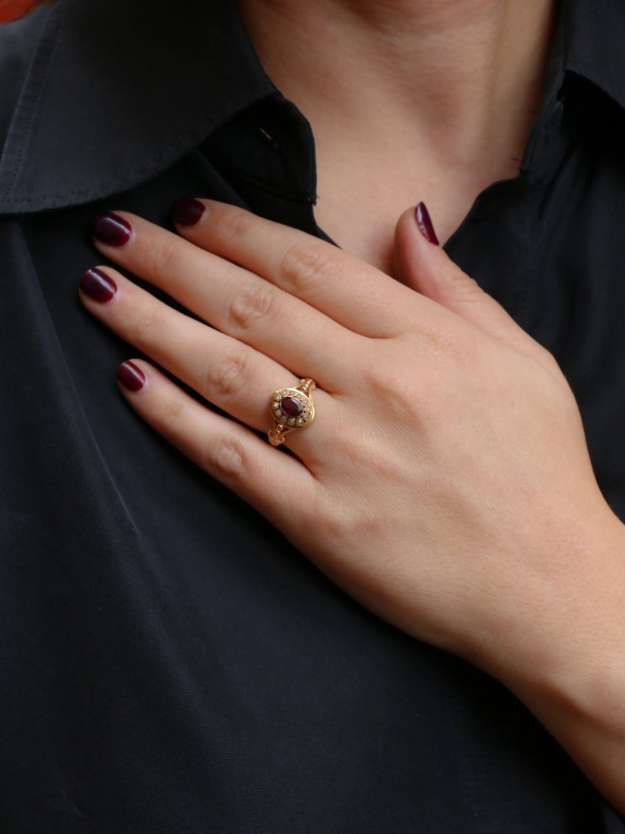 Bague Napoléon III or jaune grenat perles fines - Castafiore