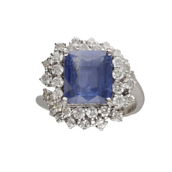 Bague Or gris 18k avec Saphir de Ceylan et diamants brillants. Taille 52 vers 1970. - Castafiore