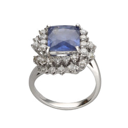 Bague Or gris 18k avec Saphir de Ceylan et diamants brillants. Taille 52 vers 1970. - Castafiore
