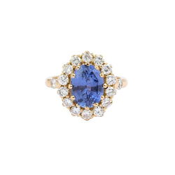 Bague Pompadour Saphir Ceylan Non Chauffé 3.55 Carats Diamants Or Jaune 18 Carats (Certificat) - Castafiore