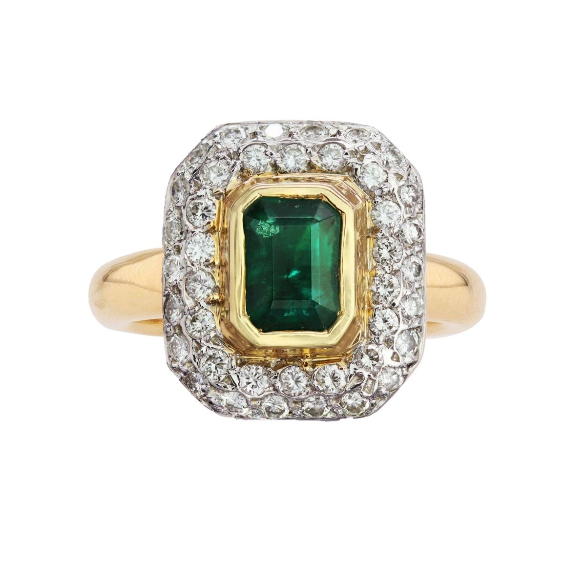 Bague rectangulaire en or jaune et blanc avec émeraude et diamants - Castafiore