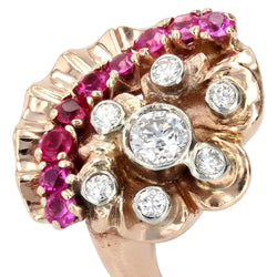 Bague rétro or rose diamants rubis - Castafiore