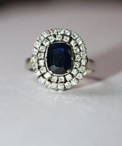 Bague Saphir Double Entourage Diamants Or Blanc - Castafiore