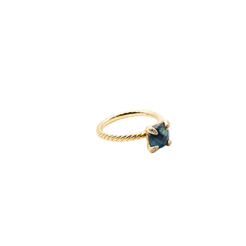 Bague Solitaire DAVID YURMAN "Chatelaine" en or jaune, topaze bleue et diamants - Castafiore