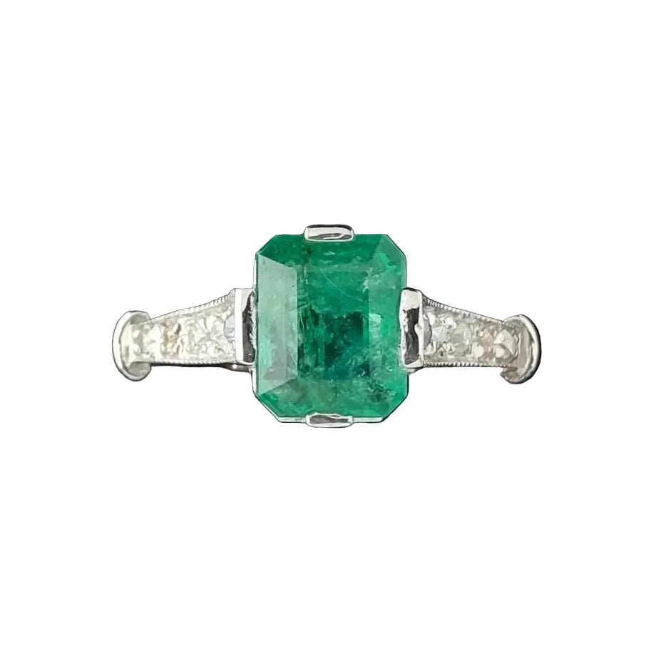 Bague Solitaire en or blanc, émeraude et diamants - Castafiore