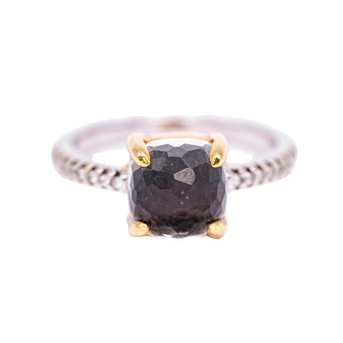 Bague Solitaire en or jaune, quartz, cristal de roche, onyx et diamants - Castafiore