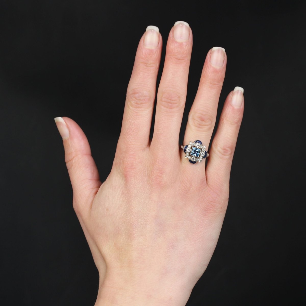 Bague style Art déco aigue - marine diamants saphirs - Castafiore