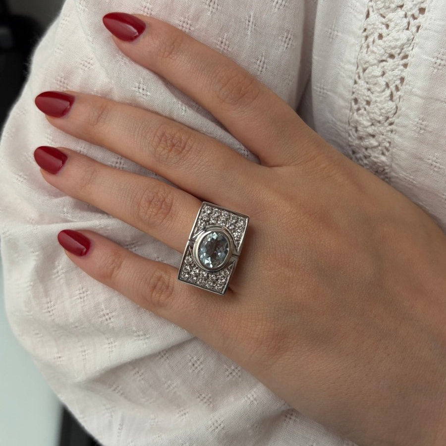 Bague Tank en or blanc, aigue-marine et diamants - Castafiore