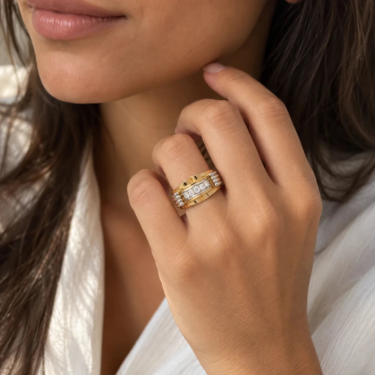 Bague Tank en or blanc, or rose et diamants - Castafiore