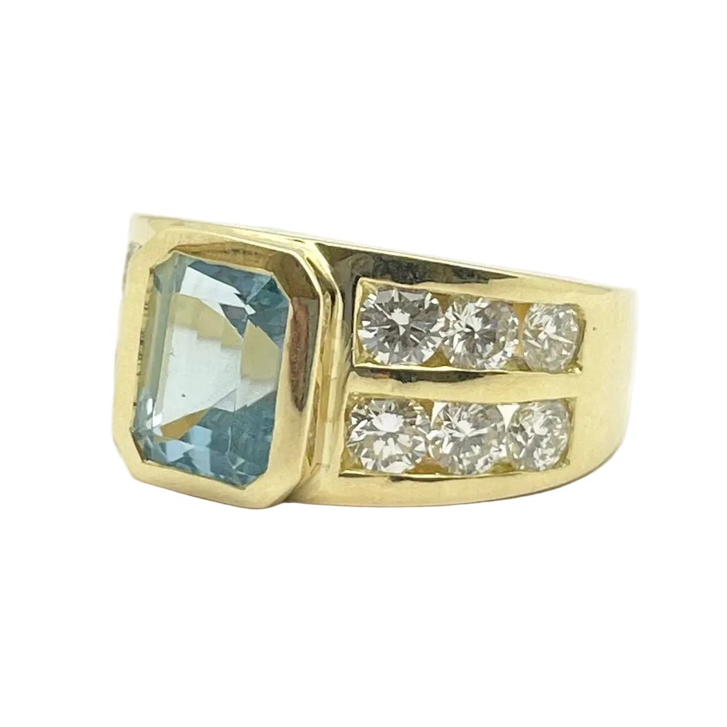 Bague Tank en or jaune, aigue - marine et diamants - Castafiore