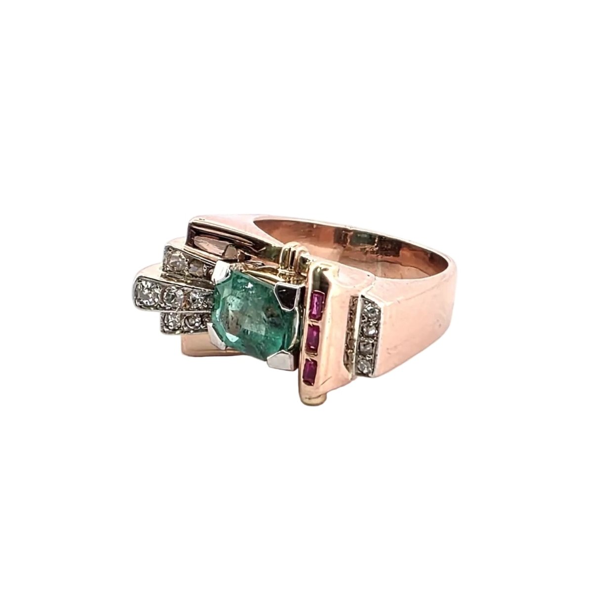 Bague Tank en or jaune, émeraude, rubis et diamants - Castafiore