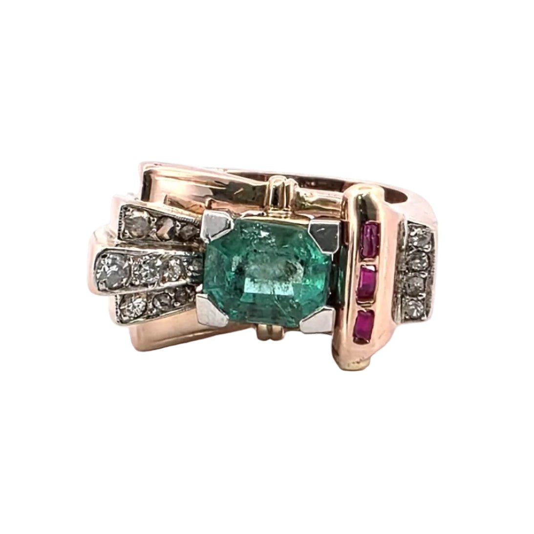 Bague Tank en or jaune, émeraude, rubis et diamants - Castafiore