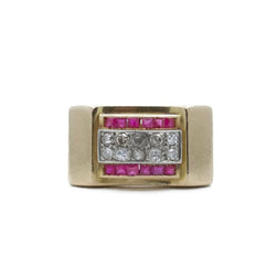 Bague Tank en or jaune, or blanc, rubis et diamants - Castafiore