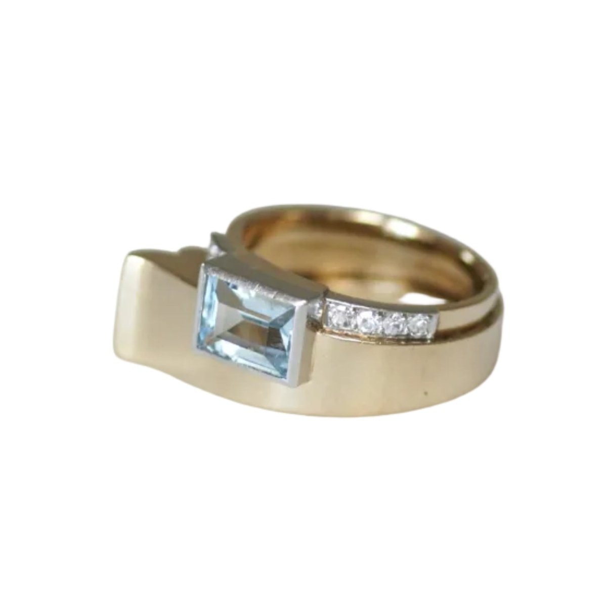 Bague Tank en or jaune, platine, aigue-marine et diamants - Castafiore