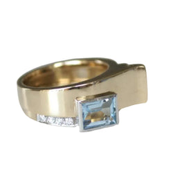 Bague Tank en or jaune, platine, aigue-marine et diamants - Castafiore