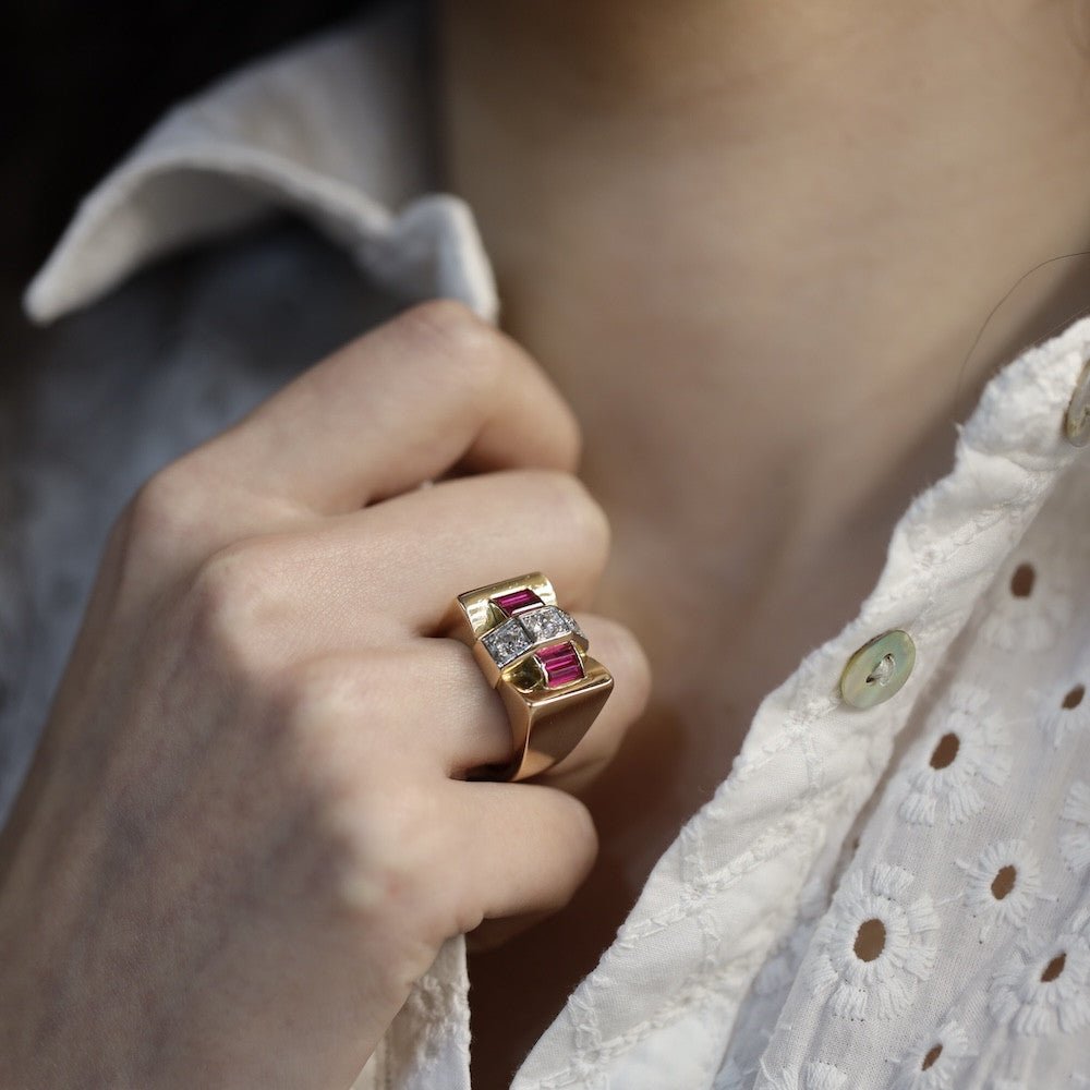 Bague Tank en or jaune, platine et diamants - Castafiore