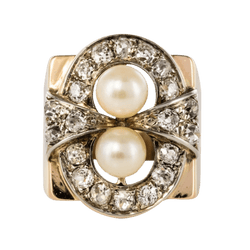 Bague Tank en or rose, platine, perles et diamants - Castafiore