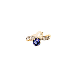 Bague Toi et Moi en or jaune, platine, saphir, perle de culture, et diamants - Castafiore