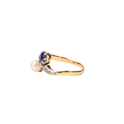 Bague Toi et Moi en or jaune, platine, saphir, perle de culture, et diamants - Castafiore