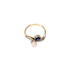 Bague Toi et Moi en or jaune, platine, saphir, perle de culture, et diamants - Castafiore