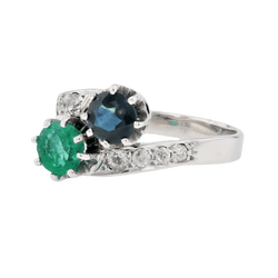 Bague Toi & Moi en or blanc, émeraude, saphir et diamants - Castafiore