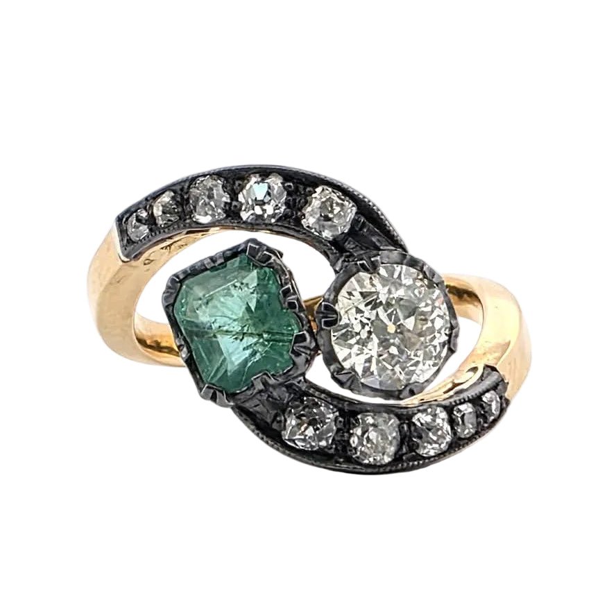 Bague Toi & Moi en or jaune, argent, émeraude et diamants - Castafiore