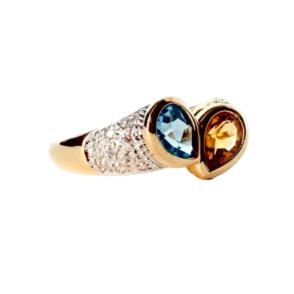 Bague Toi & Moi en or jaune, citrine, aigue-marine et diamants - Castafiore