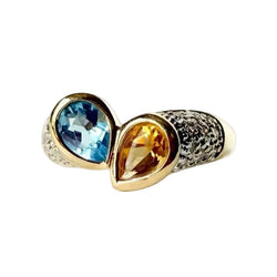 Bague Toi & Moi en or jaune, citrine, aigue-marine et diamants - Castafiore