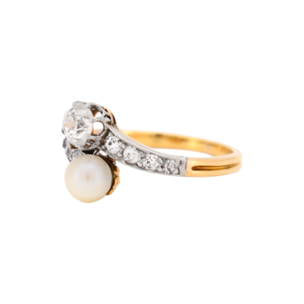 Bague Toi & Moi en or jaune, platine, perle et diamants - Castafiore