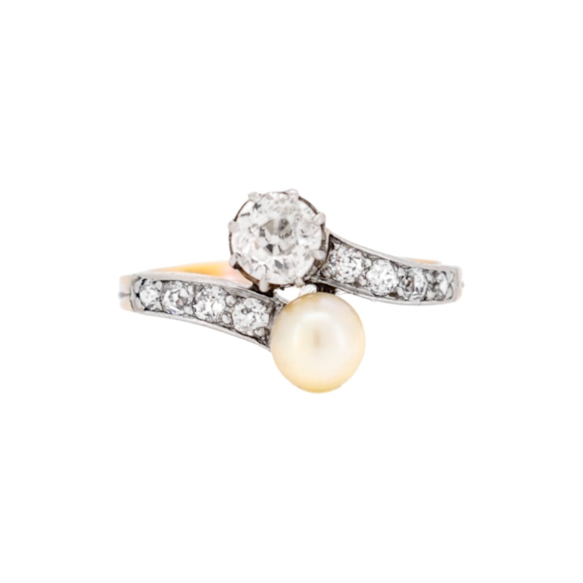 Bague Toi & Moi en or jaune, platine, perle et diamants - Castafiore