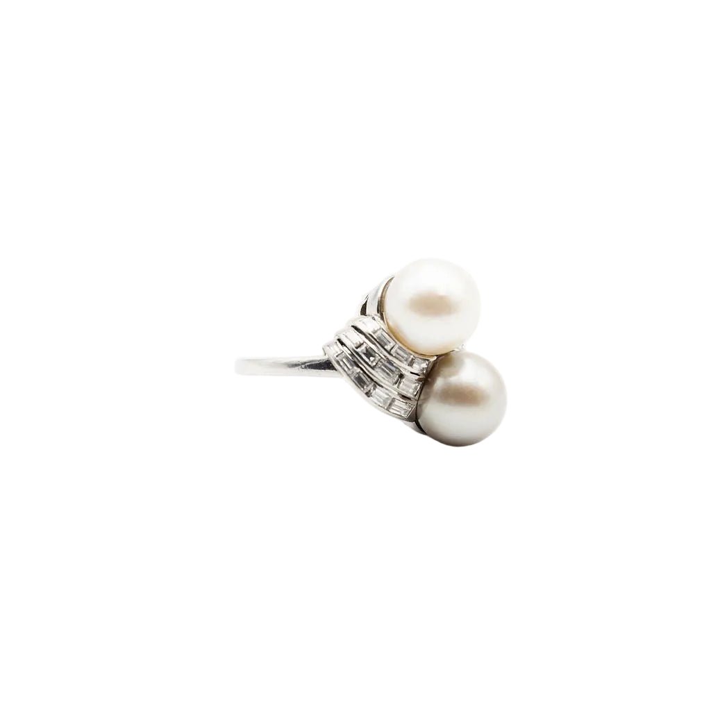 Bague Toi & Moi en platine, perles et diamants