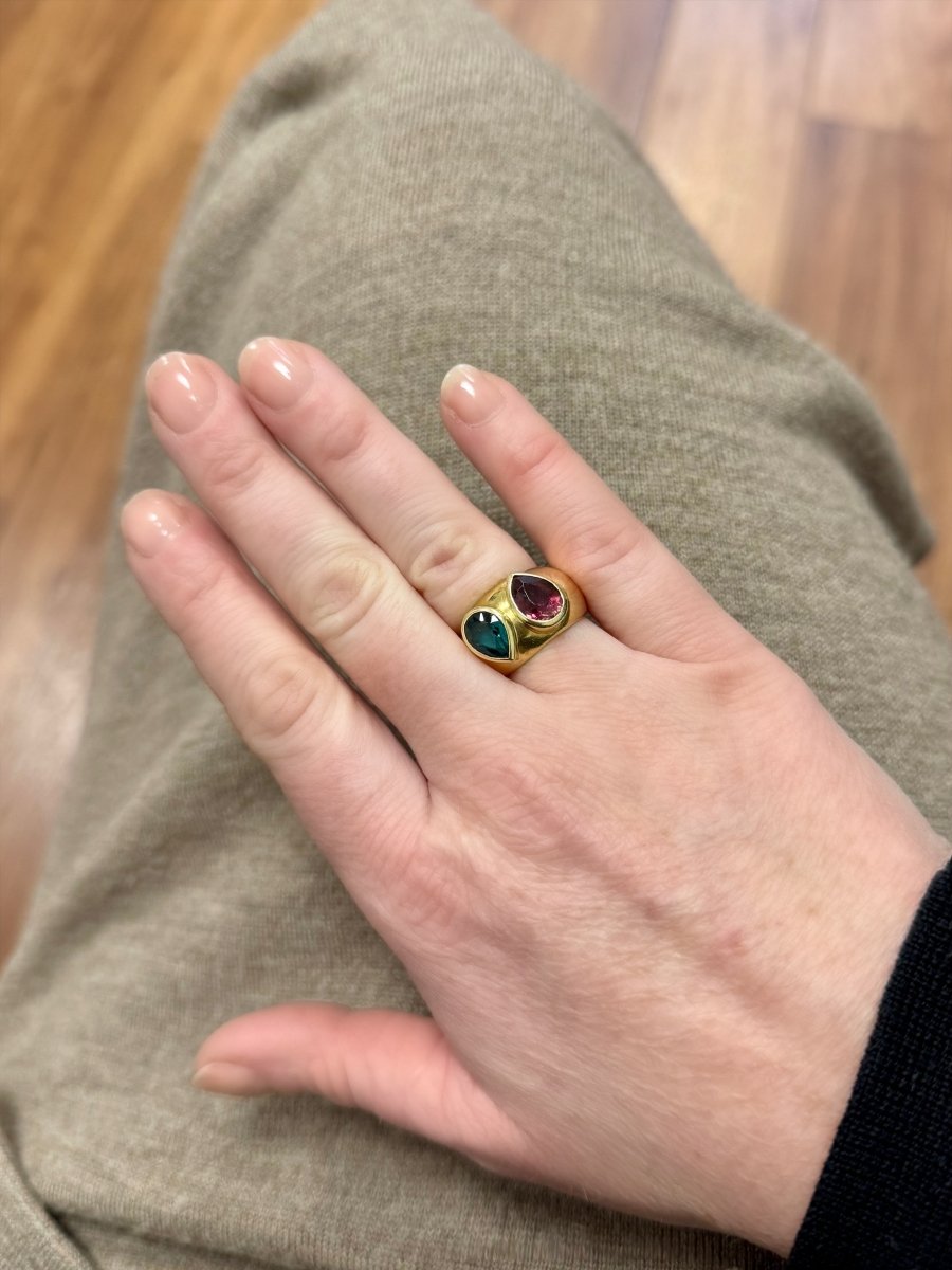 Bague tourmalines poires en or jaune et tourmaline - Castafiore