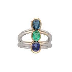 Bague Trilogie en or blanc, or jaune, émeraude, saphir et topaze - Castafiore