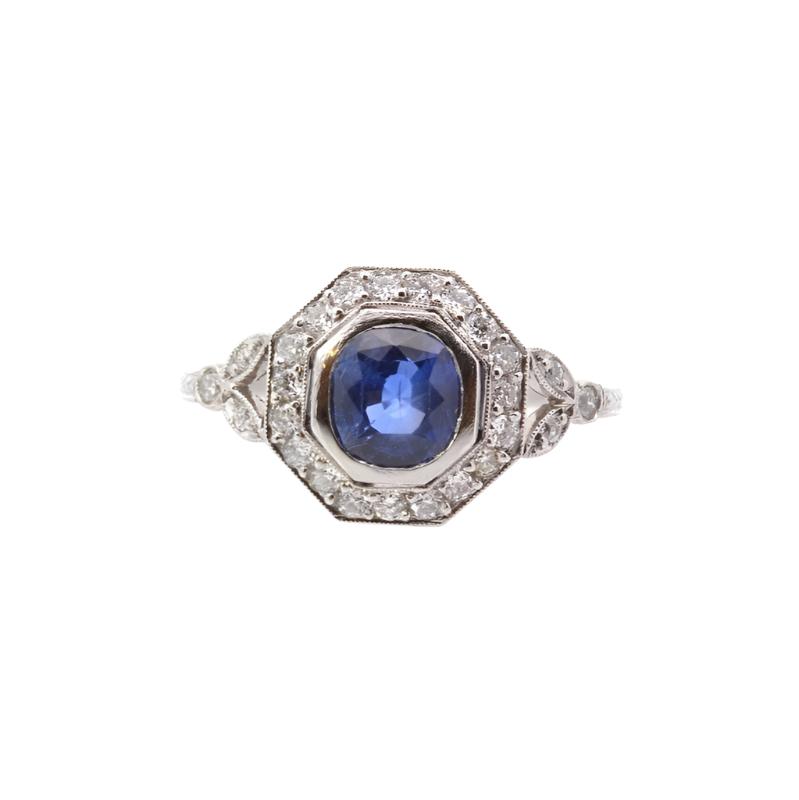 Bague vintage saphir et diamants en platine - Castafiore