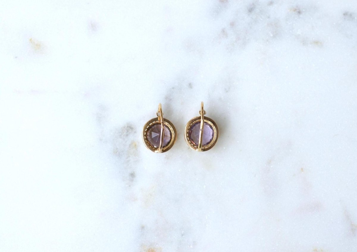 Boucles d'Oreilles Anciennes Améthystes et Diamants sur Or Jaune - Castafiore
