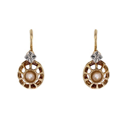 Boucles d'oreilles ANCIENNES Dormeuses en or jaune et perle fine - Castafiore