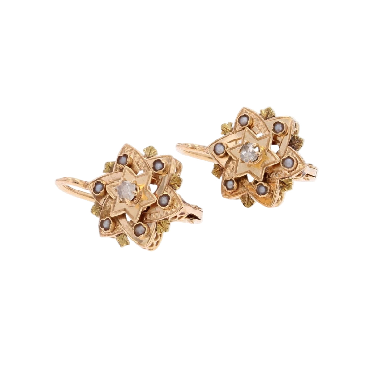 Boucles d'oreilles ANCIENNES Étoile en or rose et diamants - Castafiore