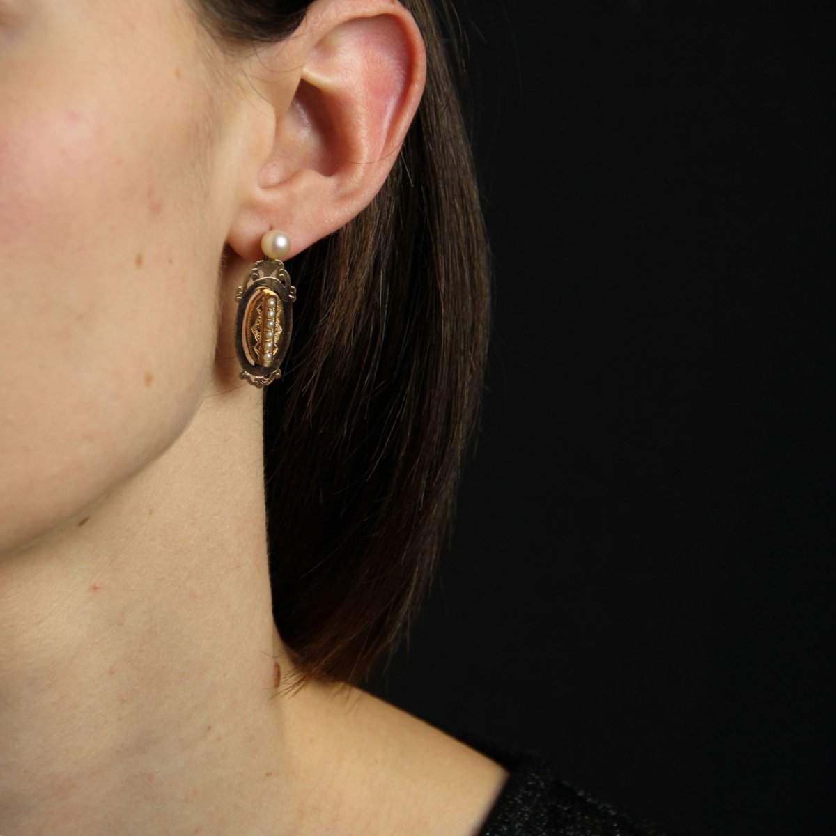 Boucles d'oreilles ANCIENNES Pendants en or rose perles fines - Castafiore