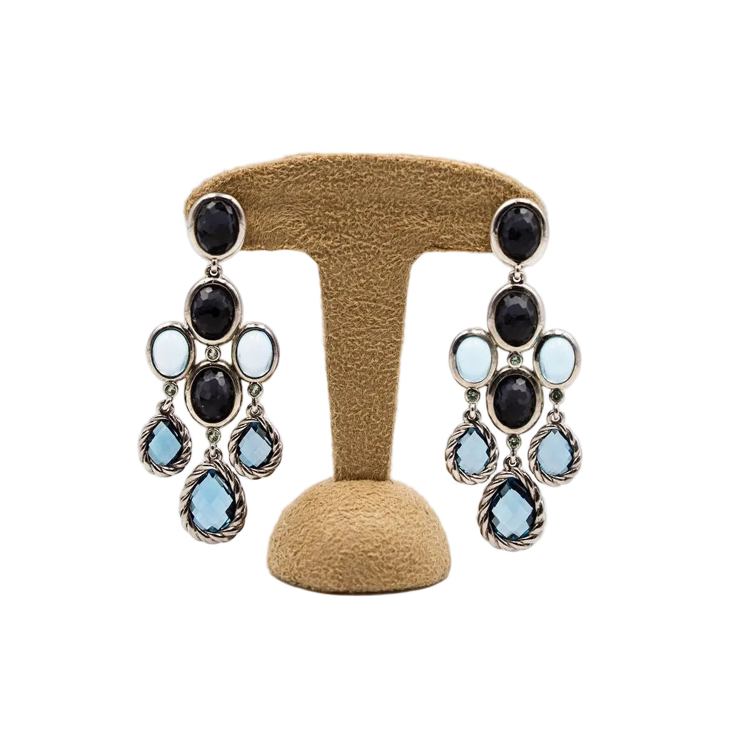 Boucles d'oreilles Chandelier DAVID YURMAN en argent, topaze bleue, hématite et diamant - Castafiore