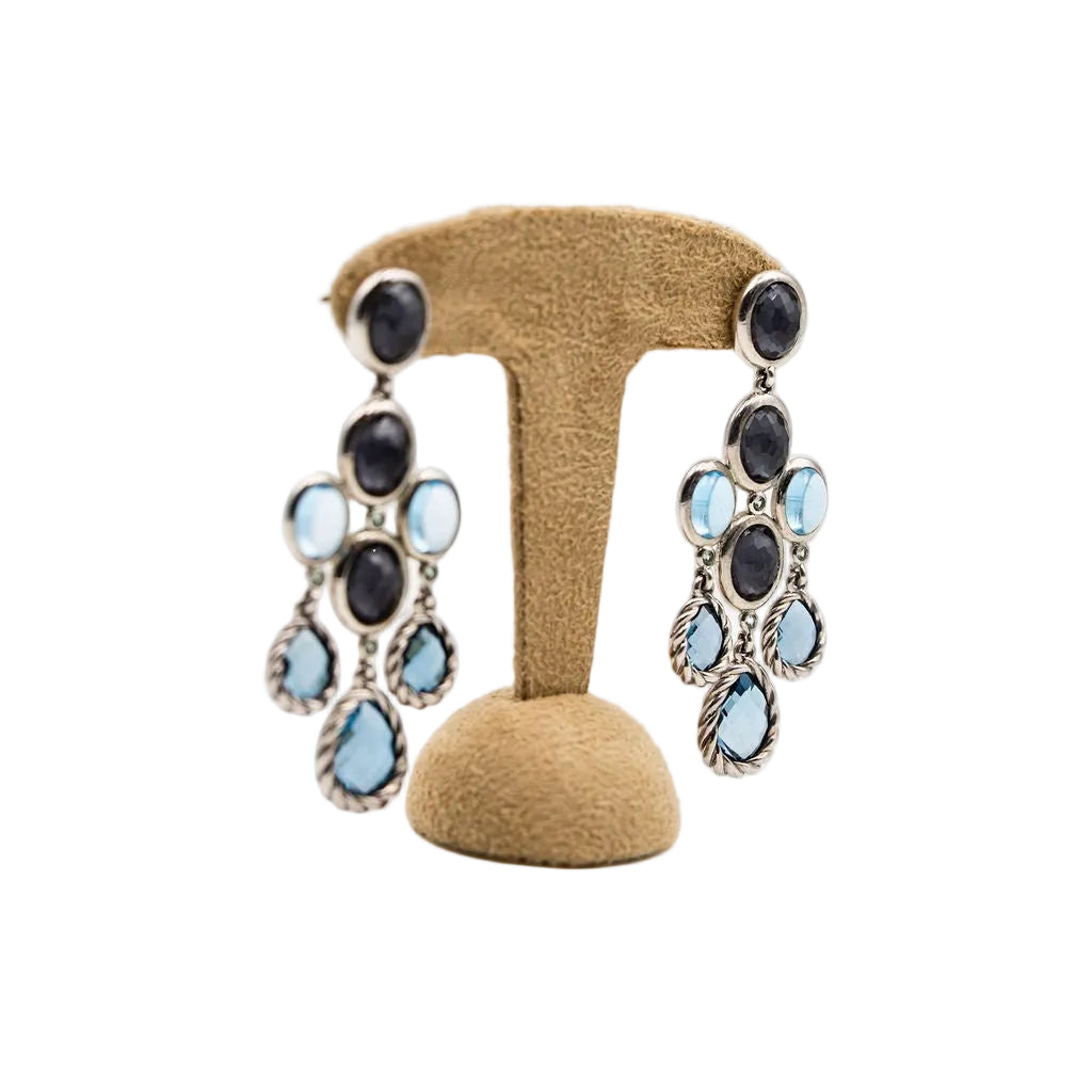 Boucles d'oreilles Chandelier DAVID YURMAN en argent, topaze bleue, hématite et diamant - Castafiore