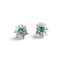 Boucles d'oreilles Clip en or blanc, platine, émeraudes de Colombie et diamants - Castafiore