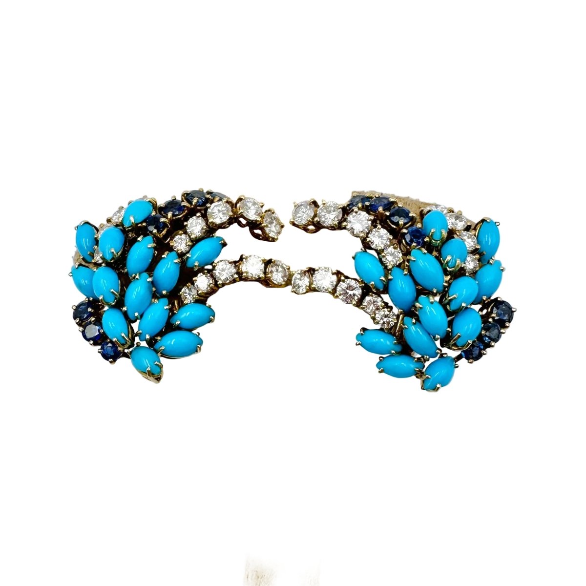 Boucles d'oreilles Clips BOUCHERON or jaune, turquoises, saphirs et diamants