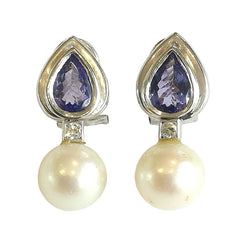 Boucles d'oreilles Clips en platine, perles, tanzanites et diamants - Castafiore