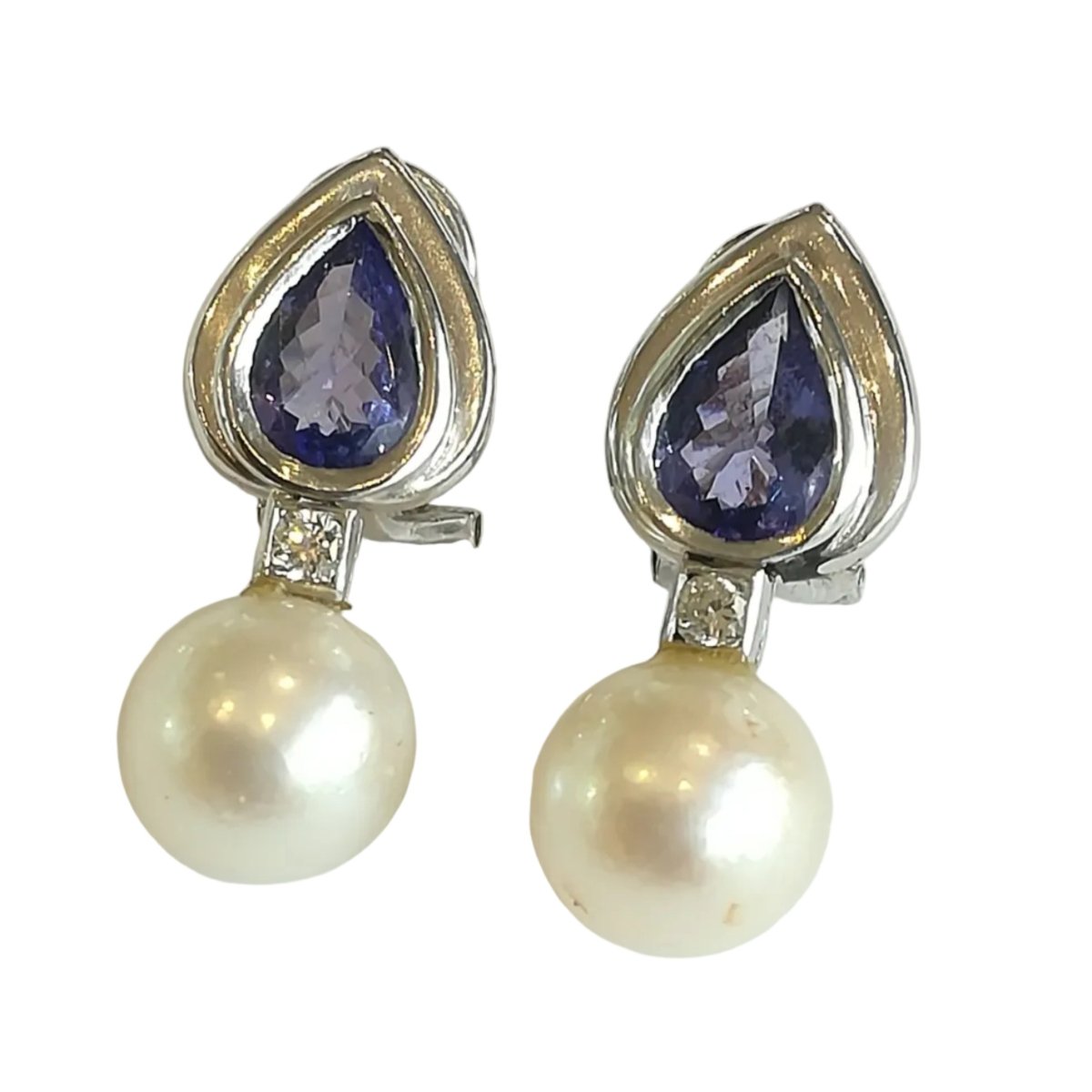 Boucles d'oreilles Clips en platine, perles, tanzanites et diamants - Castafiore