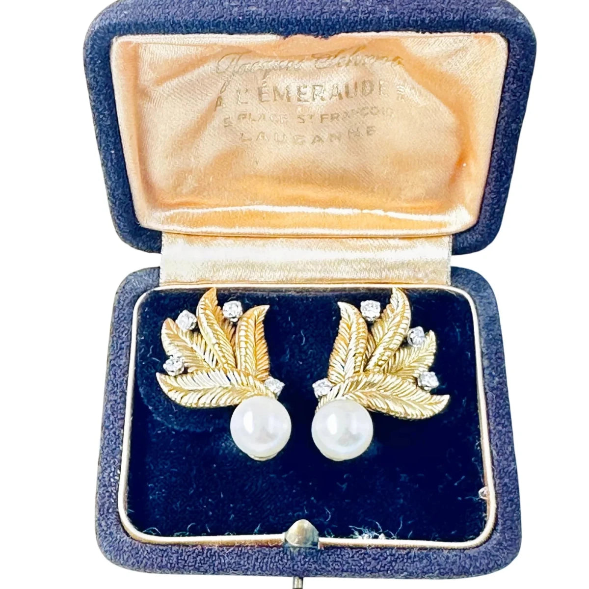 Boucles d'oreilles Clips Plumes en or jaune, platine, perles et diamants - Castafiore