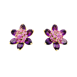Boucles d'oreilles Clips VAN CLEEF & ARPELS "Fleurs d'Hawaï" en or jaune, améthystes et saphirs - Castafiore